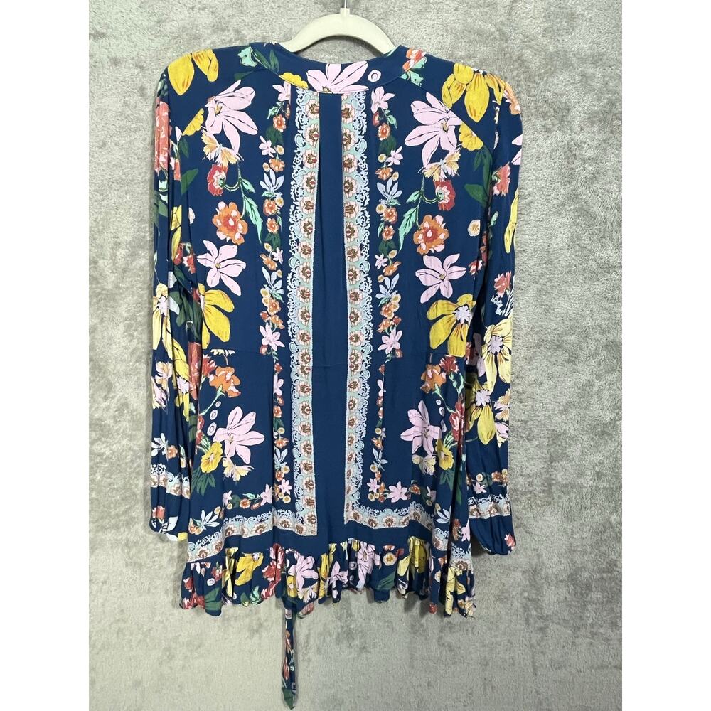 Free People Tunic Blouse Small Blue Floral Tie Back Boho Hippie Festival - Picture 5 of 10